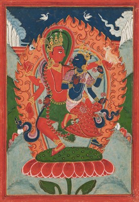 Lot 322 - AN INSCRIBED PATA DEPICTING SHIVA AND PARVATI, NEPAL, 18TH-19TH CENTURY