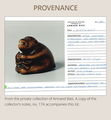 Lot 144 - AN AMUSING WOOD NETSUKE OF A MONKEY EATING A PERSIMMON