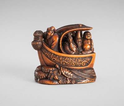 Lot 1608 - ITSUMIN: A FINE WOOD NETSUKE OF THE TAKARABUNE (TREASURE SHIP)