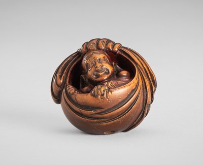 Lot 1610 - SHUMIN: A WOOD NETSUKE OF HOTEI IN HIS TREASURE BAG
