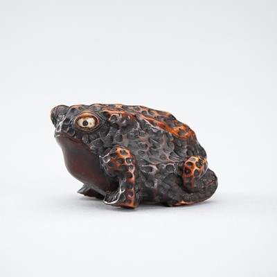 Lot 376 - RISUI: A WOOD NETSUKE OF A TOAD