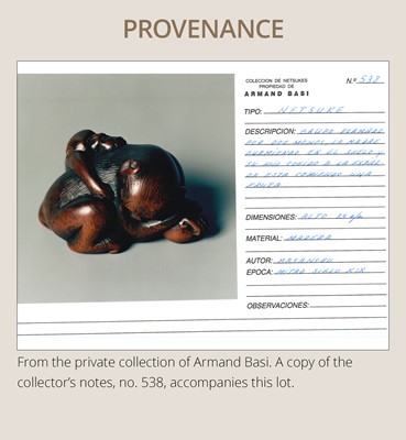 Lot 143 - MASANOBU: A SUPERB WOOD NETSUKE OF A MONKEY AND YOUNG