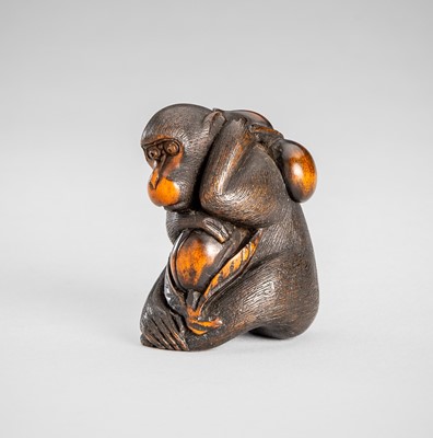 Lot 1537 - KOICHI: A WOOD NETSUKE OF A MONKEY (SARU)
