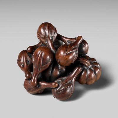 Lot 158 - A FINE WOOD NETSUKE OF A GROUP OF NASUBI AND TONASU