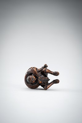 Lot 548 - A RARE WOOD NETSUKE OF A BOY WITH SACK