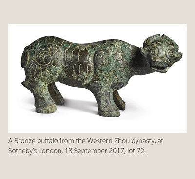 Lot 285 - OUCHI SOSUI: A FINE SO SCHOOL WOOD NETSUKE OF AN ARCHAIC CHINESE BRONZE BUFFALO