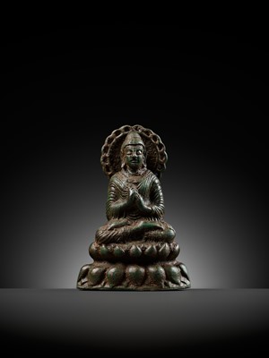 Lot 608 - A SILVER-INLAID BRONZE FIGURE OF BUDDHA, SWAT VALLEY, 7TH-8TH CENTURY