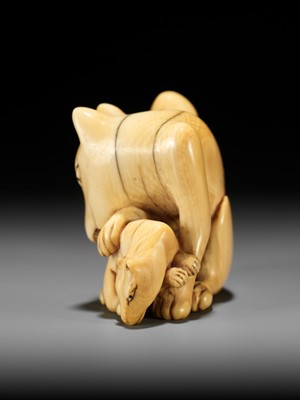 Lot 60 - A RARE IVORY NETSUKE OF A KITSUNE (FOX) AND CUB