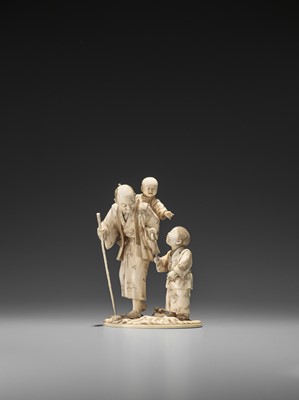 Lot 198 - SEIUN: AN IVORY OKIMONO OF A MAN WITH TODDLER AND CHILD
