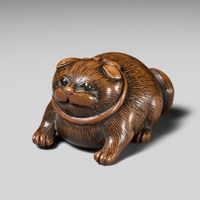 Lot 96 - AN OSAKA SCHOOL WOOD NETSUKE OF A CHUBBY PUPPY