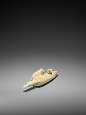 Lot 221 - A STAINED IVORY OKIMONO OF TWO RATS GNAWING AT A CORN COB