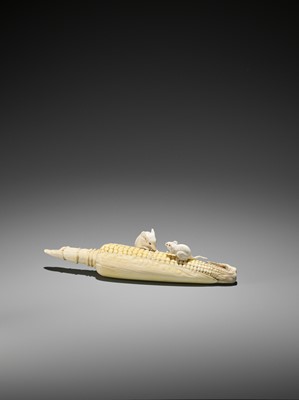 Lot 221 - A STAINED IVORY OKIMONO OF TWO RATS GNAWING AT A CORN COB