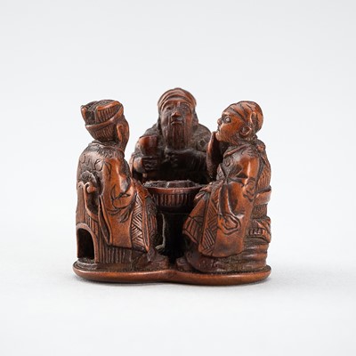 Lot 519 - KUNIHIRO: A WOOD NETSUKE OF THE THREE SAKE TESTERS