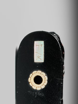 Lot 263 - SHIBAYAMA: A FINE INLAID EBONY WOOD NETSUKE OF A CAPARISONED SHISHI