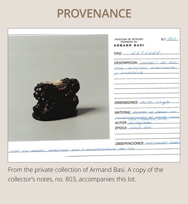 Lot 263 - SHIBAYAMA: A FINE INLAID EBONY WOOD NETSUKE OF A CAPARISONED SHISHI
