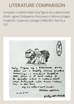Lot 263 - SHIBAYAMA: A FINE INLAID EBONY WOOD NETSUKE OF A CAPARISONED SHISHI