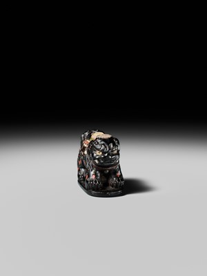 Lot 263 - SHIBAYAMA: A FINE INLAID EBONY WOOD NETSUKE OF A CAPARISONED SHISHI