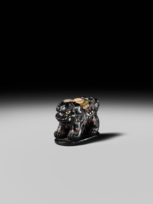 Lot 263 - SHIBAYAMA: A FINE INLAID EBONY WOOD NETSUKE OF A CAPARISONED SHISHI