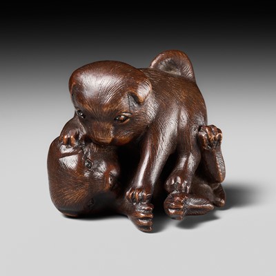 Lot 502 - MASANAO: A WOOD NETSUKE OF TWO PUPPIES