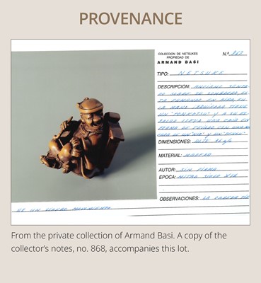 Lot 231 - AN AMUSING WOOD KARAKURI (TRICK) NETSUKE OF A MASK SELLER