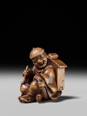 Lot 231 - AN AMUSING WOOD KARAKURI (TRICK) NETSUKE OF A MASK SELLER