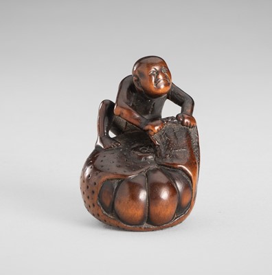 Lot 1596 - A WOOD NETSUKE OF A MAN PEELING A GIANT MIKAN