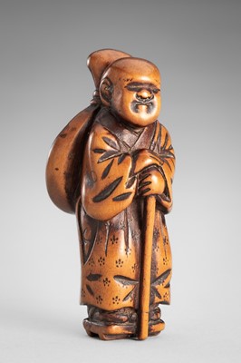 Lot 1590 - A SIGNED WOOD NETSUKE OF A KOKYU PLAYER