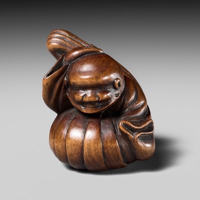 Lot 232 - A WOOD NETSUKE OF A LUTE PRIEST (BIWA HOSHI)