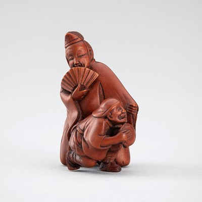 Lot 522 - KIGYOKU: A WOOD NETSUKE OF AN OKINA DANCER WITH PERCUSSIONIST