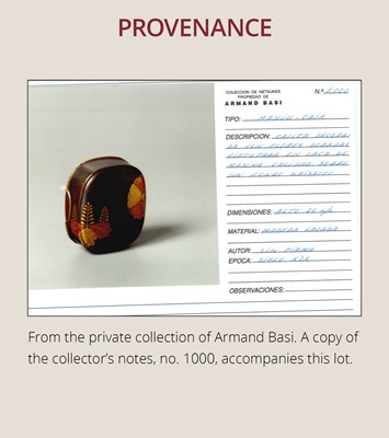 Lot 657 - A LACQUER HAKO NETSUKE WITH KIKU BLOSSOMS