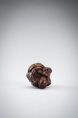 Lot 523 - RYUMIN: A WOOD NETSUKE OF HANASAKA-JIJI WITH A BASKET OF ASHES