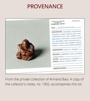 Lot 523 - RYUMIN: A WOOD NETSUKE OF HANASAKA-JIJI WITH A BASKET OF ASHES