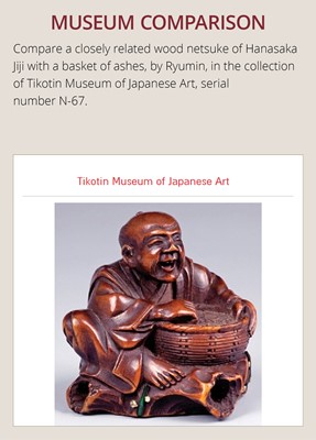 Lot 523 - RYUMIN: A WOOD NETSUKE OF HANASAKA-JIJI WITH A BASKET OF ASHES