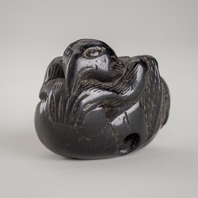 Lot 1569 - AN EBONY WOOD NETSUKE OF A HATCHING TENGU (TENGU NO TOMAGO)