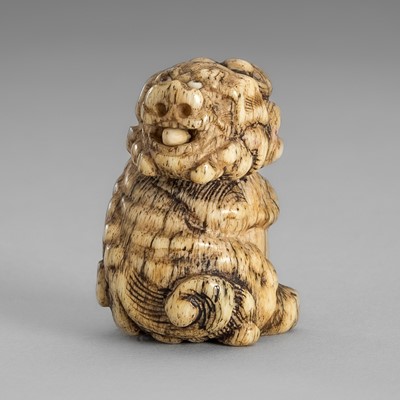 Lot 1501 - A MARINE IVORY NETSUKE OF A SNARLING SHISHI WITH BALL