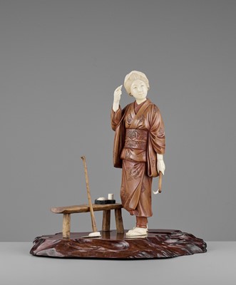 Lot 171 - A LARGE WOOD AND IVORY OKIMONO OF A YOUNG PEASANT WOMAN