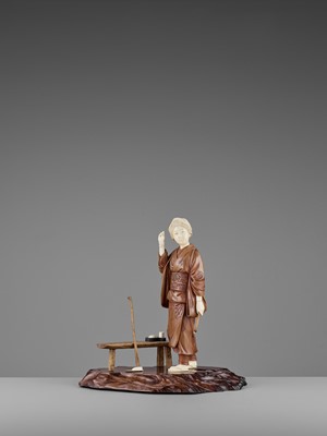 Lot 171 - A LARGE WOOD AND IVORY OKIMONO OF A YOUNG PEASANT WOMAN