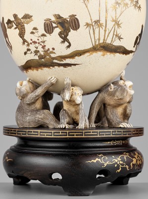 Lot 129 - A RARE LACQUERED OSTRICH EGG DEPICTING A PROCESSION OF FROGS