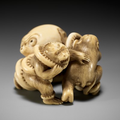 Lot 177 - IKKOSAI: A SUPERB IVORY NETSUKE OF TWO MONKEYS FIGHTING AN OCTOPUS