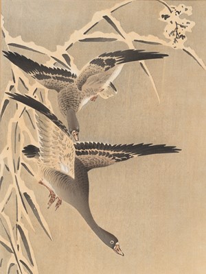 Lot 836 - OHARA KOSON: TWO WILD GEESE FLYING OVER SNOWY LANDSCAPE