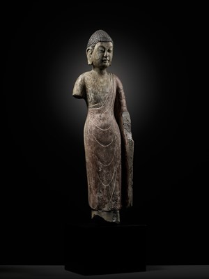 Lot 53 - A RARE AND IMPORTANT POLYCHROME DECORATED LIMESTONE FIGURE OF BUDDHA, NORTHERN QI DYNASTY