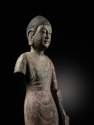 Lot 53 - A RARE AND IMPORTANT POLYCHROME DECORATED LIMESTONE FIGURE OF BUDDHA, NORTHERN QI DYNASTY