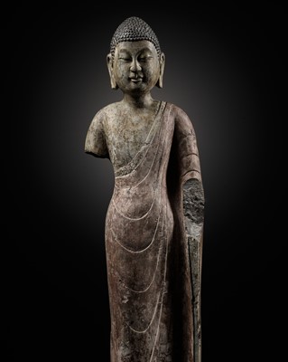 Lot 53 - A RARE AND IMPORTANT POLYCHROME DECORATED LIMESTONE FIGURE OF BUDDHA, NORTHERN QI DYNASTY