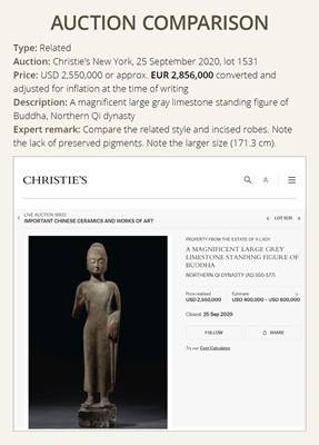 Lot 53 - A RARE AND IMPORTANT POLYCHROME DECORATED LIMESTONE FIGURE OF BUDDHA, NORTHERN QI DYNASTY