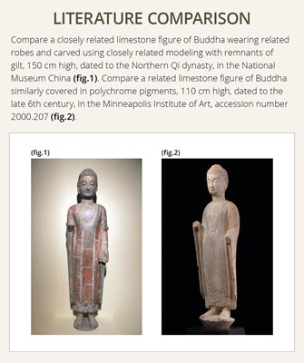 Lot 53 - A RARE AND IMPORTANT POLYCHROME DECORATED LIMESTONE FIGURE OF BUDDHA, NORTHERN QI DYNASTY