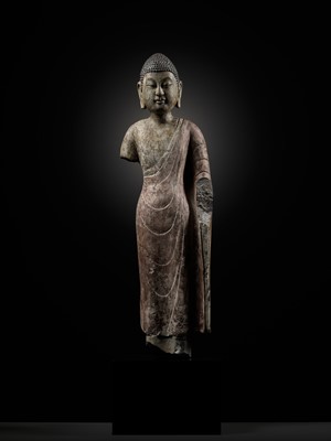 Lot 53 - A RARE AND IMPORTANT POLYCHROME DECORATED LIMESTONE FIGURE OF BUDDHA, NORTHERN QI DYNASTY