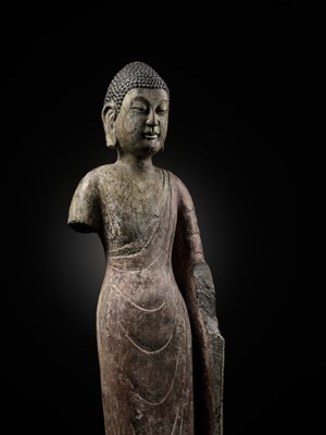 Lot 53 - A RARE AND IMPORTANT POLYCHROME DECORATED LIMESTONE FIGURE OF BUDDHA, NORTHERN QI DYNASTY