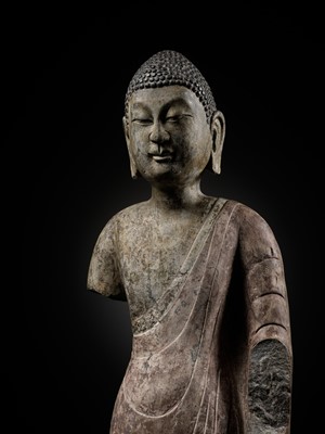 Lot 53 - A RARE AND IMPORTANT POLYCHROME DECORATED LIMESTONE FIGURE OF BUDDHA, NORTHERN QI DYNASTY