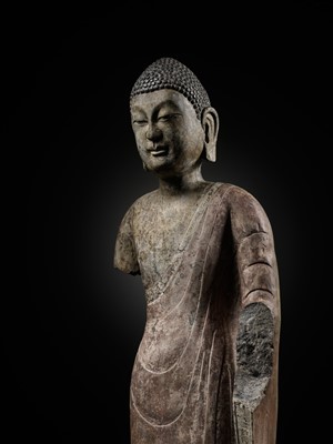 Lot 53 - A RARE AND IMPORTANT POLYCHROME DECORATED LIMESTONE FIGURE OF BUDDHA, NORTHERN QI DYNASTY