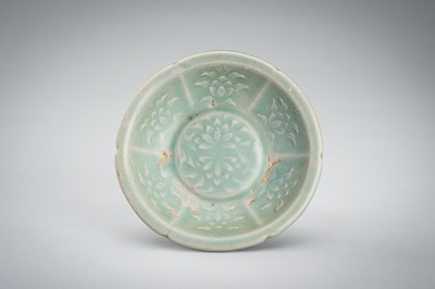 Lot 950 - THREE SMALL CELADON GLAZED AND MOLDED PORCELAIN DISHES, 12TH CENTURY